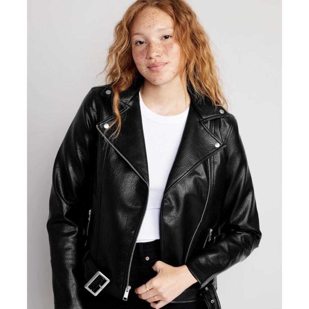 Old Navy Womens Black Faux Leather Belted Moto Biker Jacket 752075-00-2 S